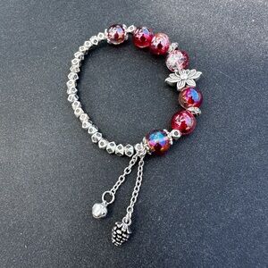 Red Beaded Bracelet w Lotus Charm